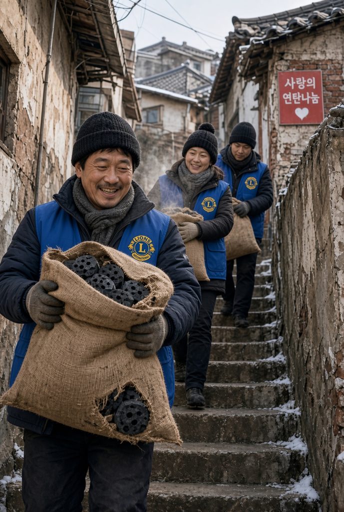 겨울 골목 계단에서 연탄 자루를 지고 나르는 라이온스 자원봉사자들