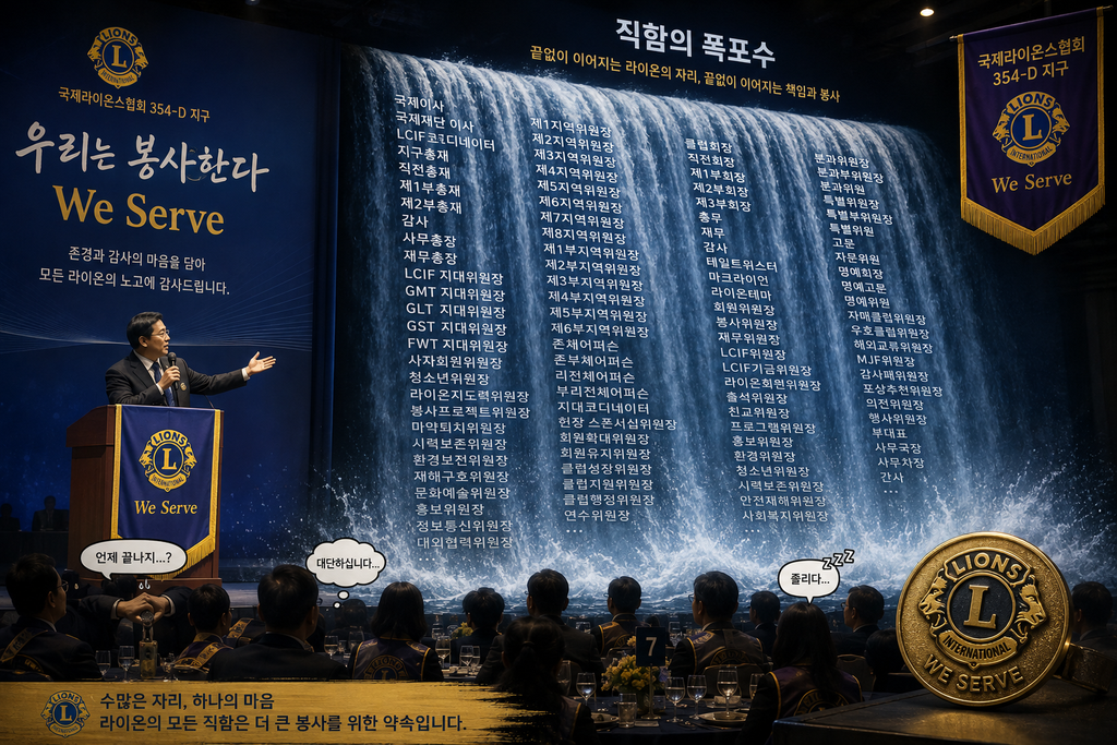 라이온스 직함, 총재부터 지대위원장까지 이어지는 직함의 폭포수를 표현한 이미지