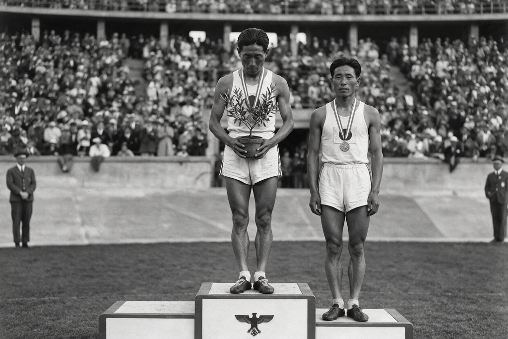 1936년 베를린 올림픽 마라톤 시상대에 오른 금메달리스트 손기정과 동메달리스트 남승룡, 손기정이 손에 든 묘목 화분으로 가슴의 일장기를 가리고 있는 보도사진